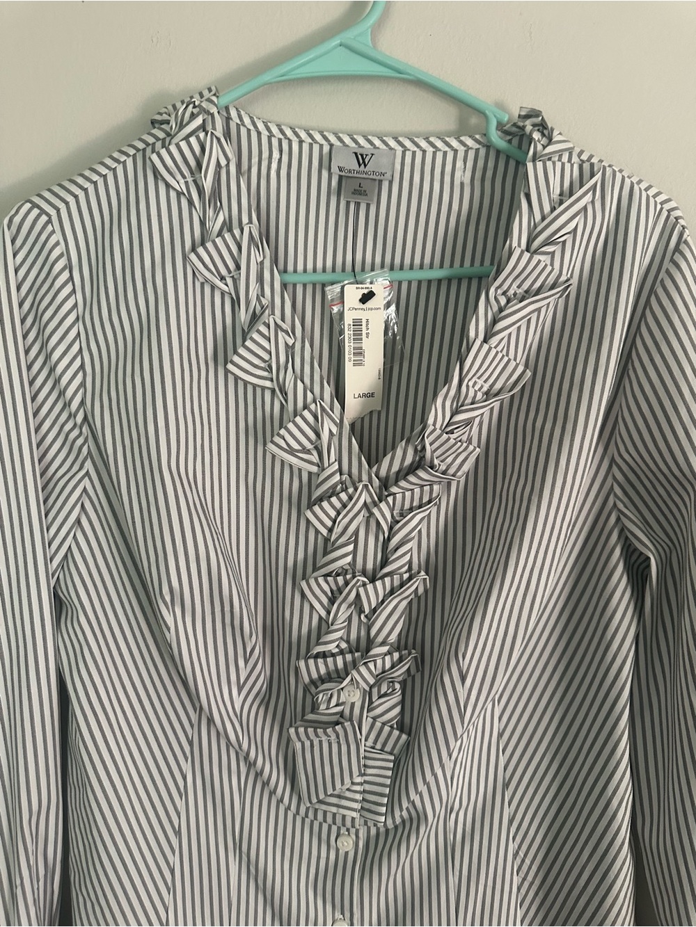 Worthington White and Gray Striped Ruffle Button-Front Blouse